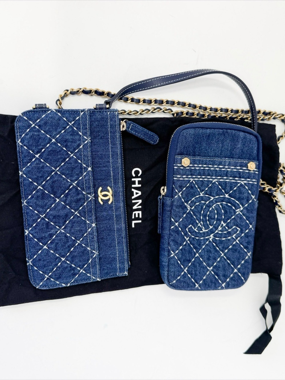 Chanel Denim Quilted Crossbody Phone Case and Wallet Set